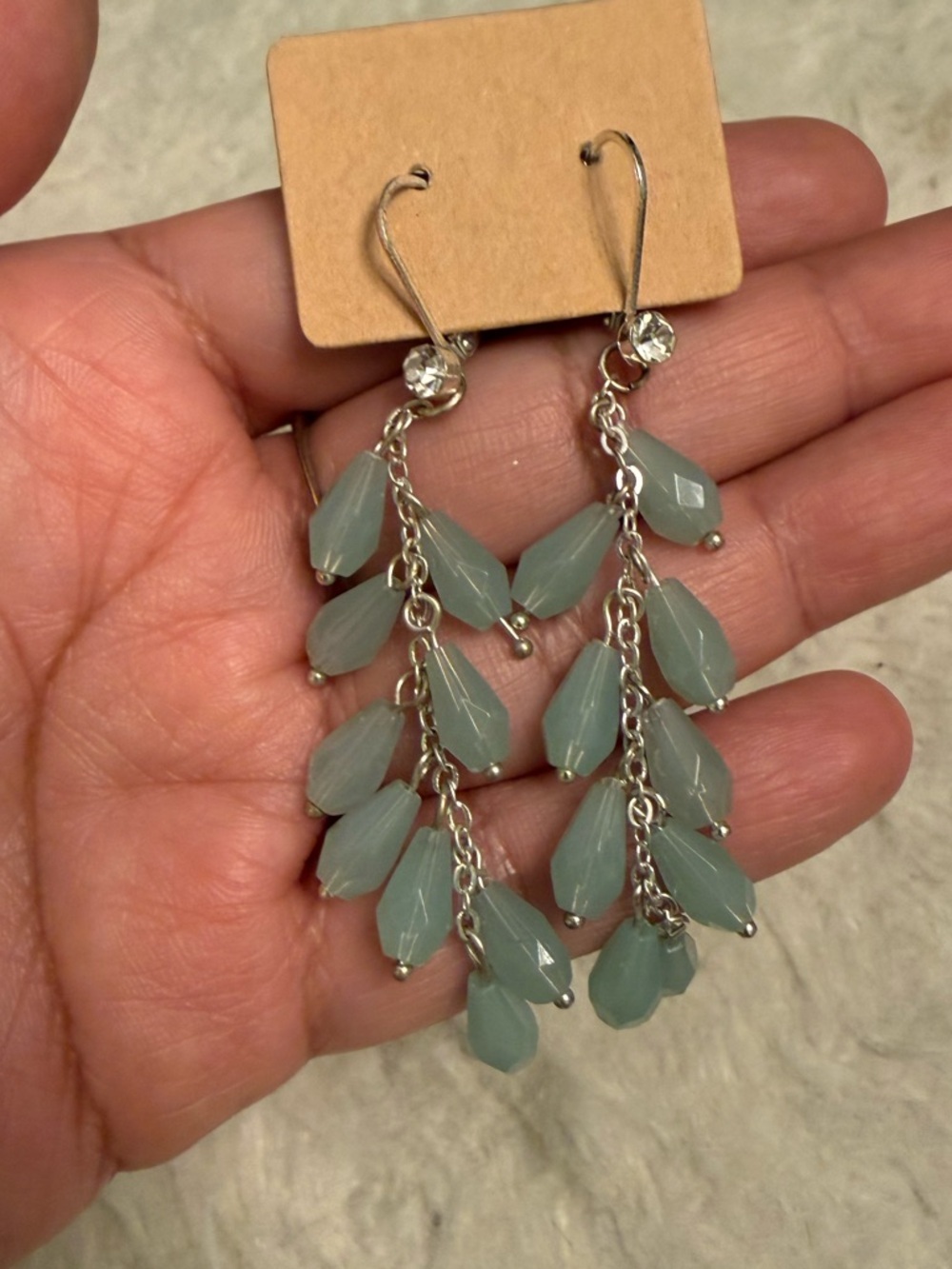 Silver Teardrop Cluster Earrings - Pale Green